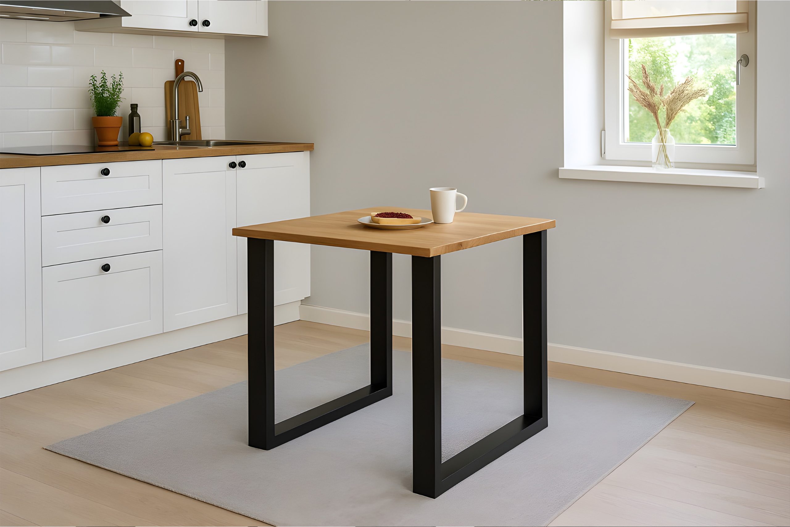 Esstisch 80x80 cm Baumkante Eichenholz massiv geölt U-Gestell schwarz SALVADOR