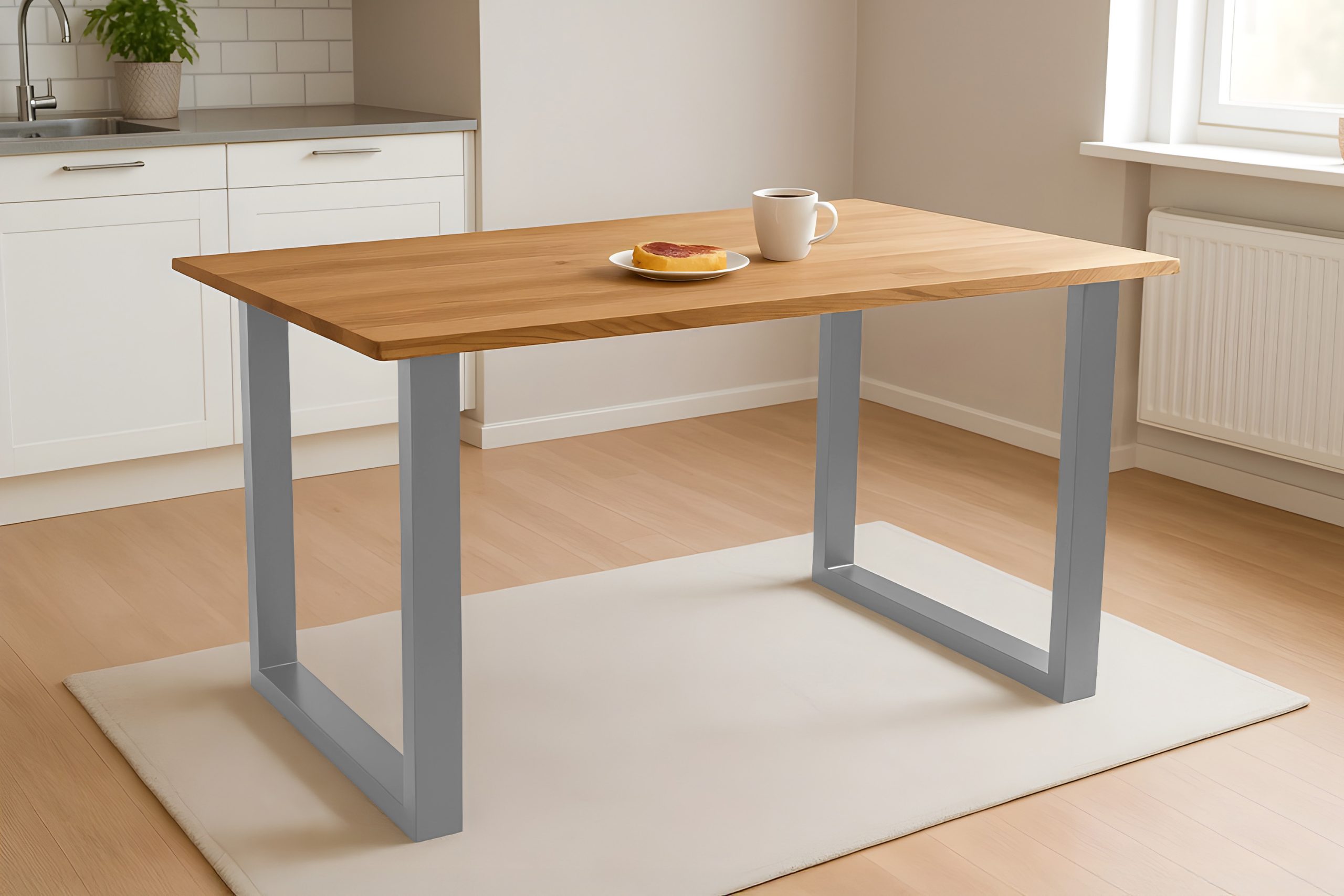 Esstisch 140x80 cm Baumkante Eichenholz massiv geölt U-Gestell silber SALVADOR