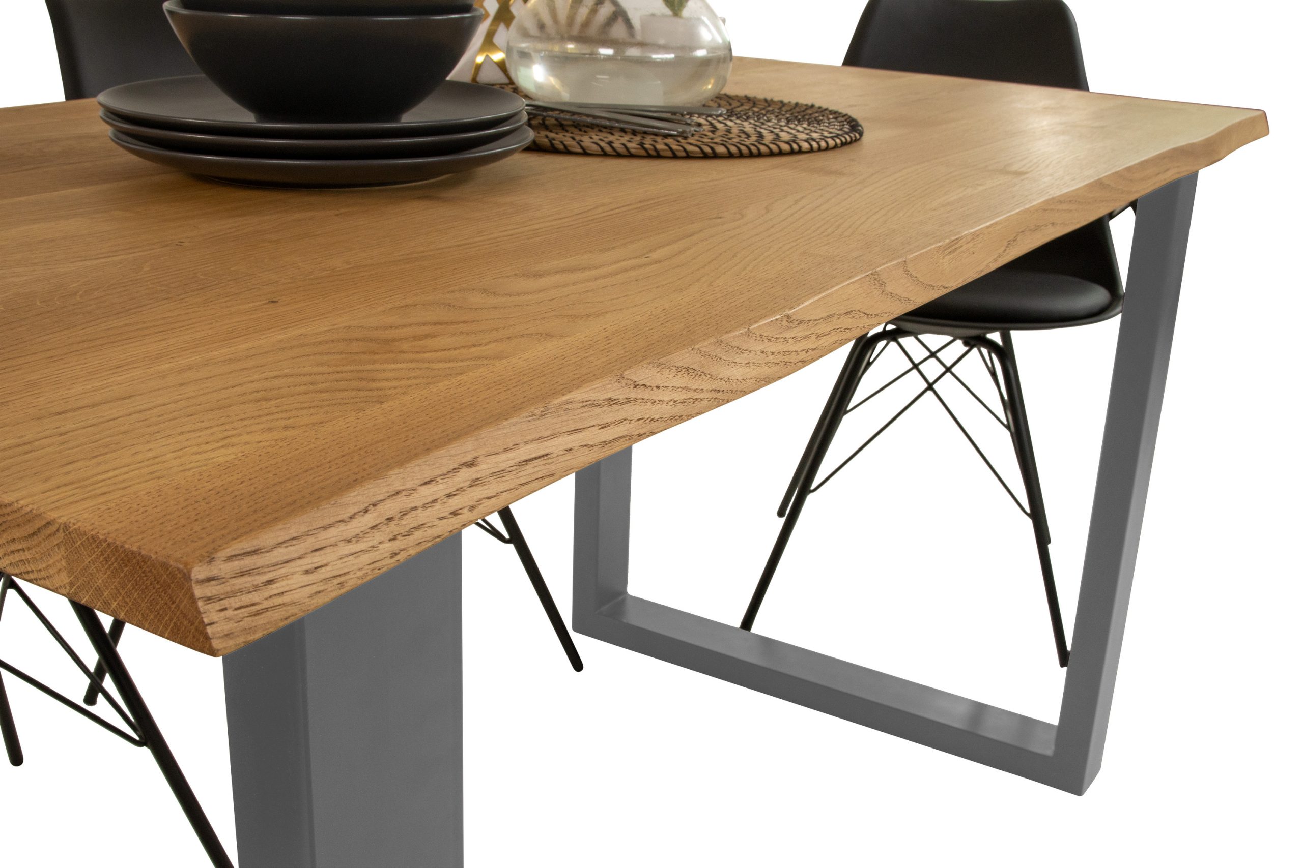 Esstisch 160x85 cm Baumkante Eichenholz massiv geölt U-Gestell silber SALVADOR – Bild 4