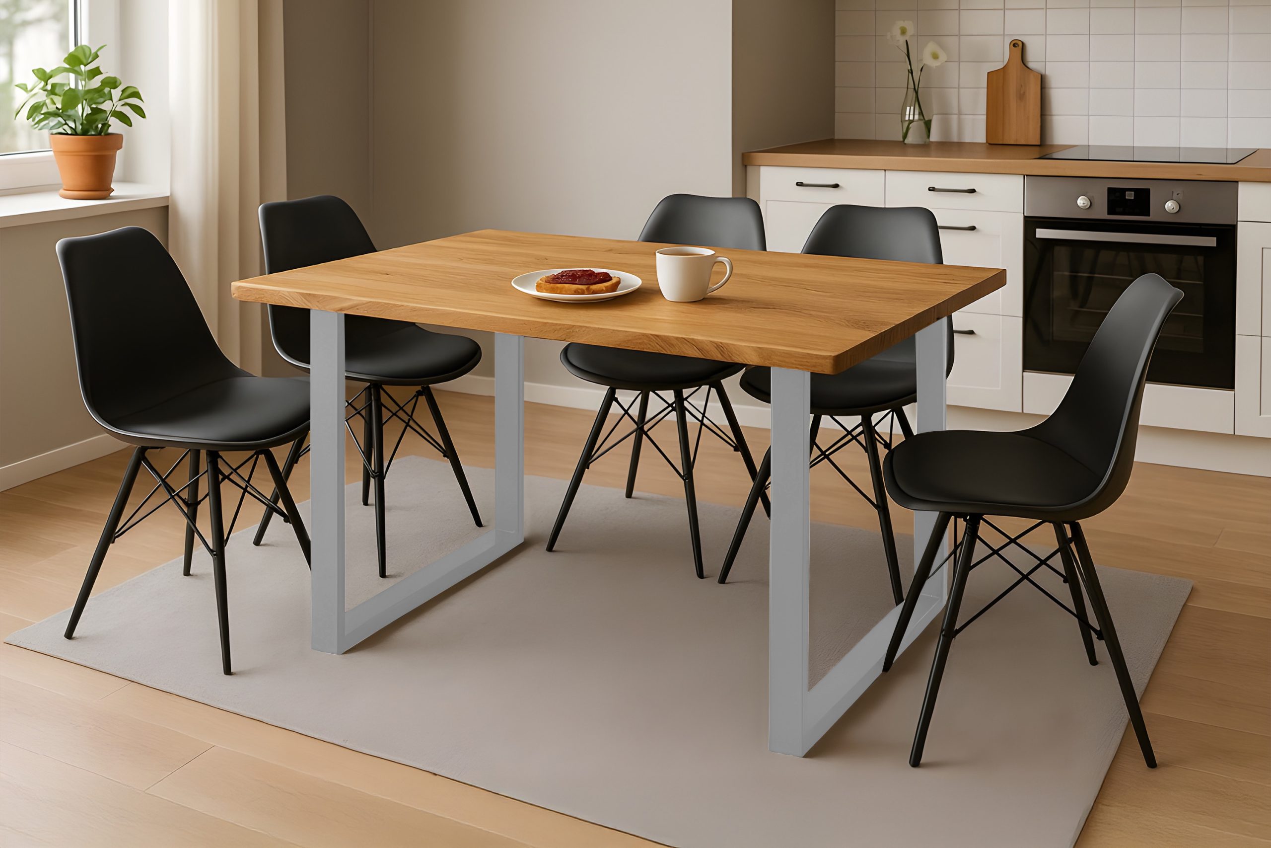 Esstisch 160x85 cm Baumkante Eichenholz massiv geölt U-Gestell silber SALVADOR – Bild 5