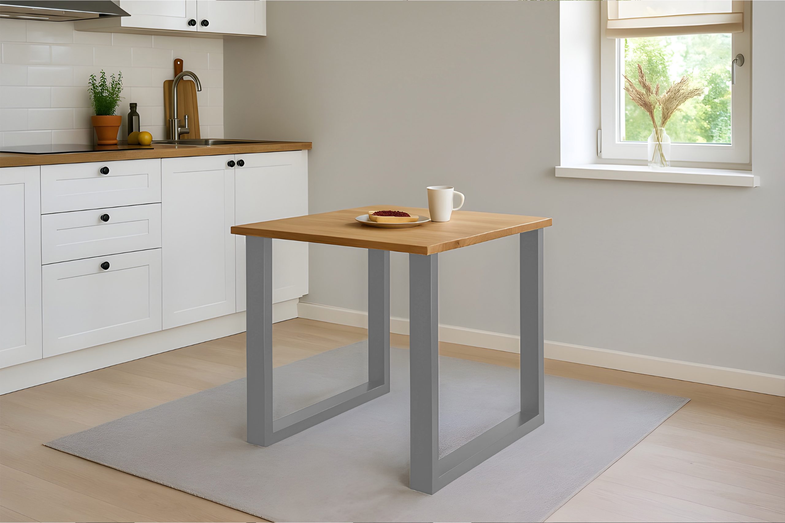 Esstisch 80x80 cm Baumkante Eichenholz massiv geölt U-Gestell silber SALVADOR