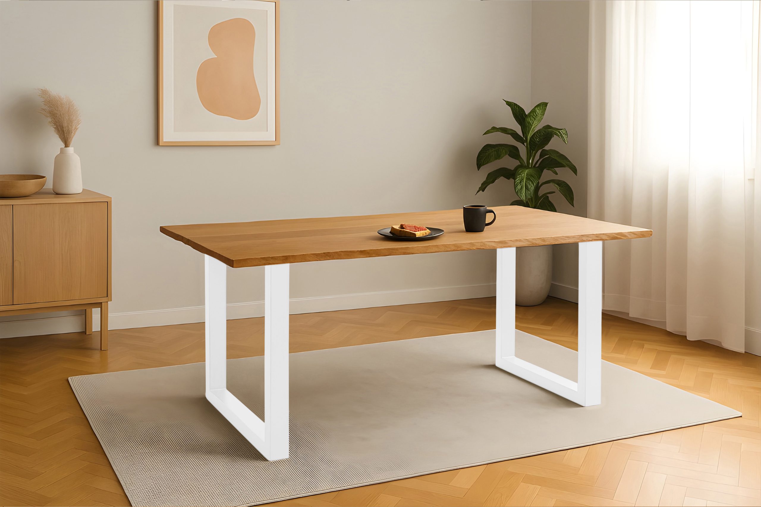 Esstisch 220x100 cm Baumkante Eichenholz massiv geölt U-Gestell weiß SALVADOR