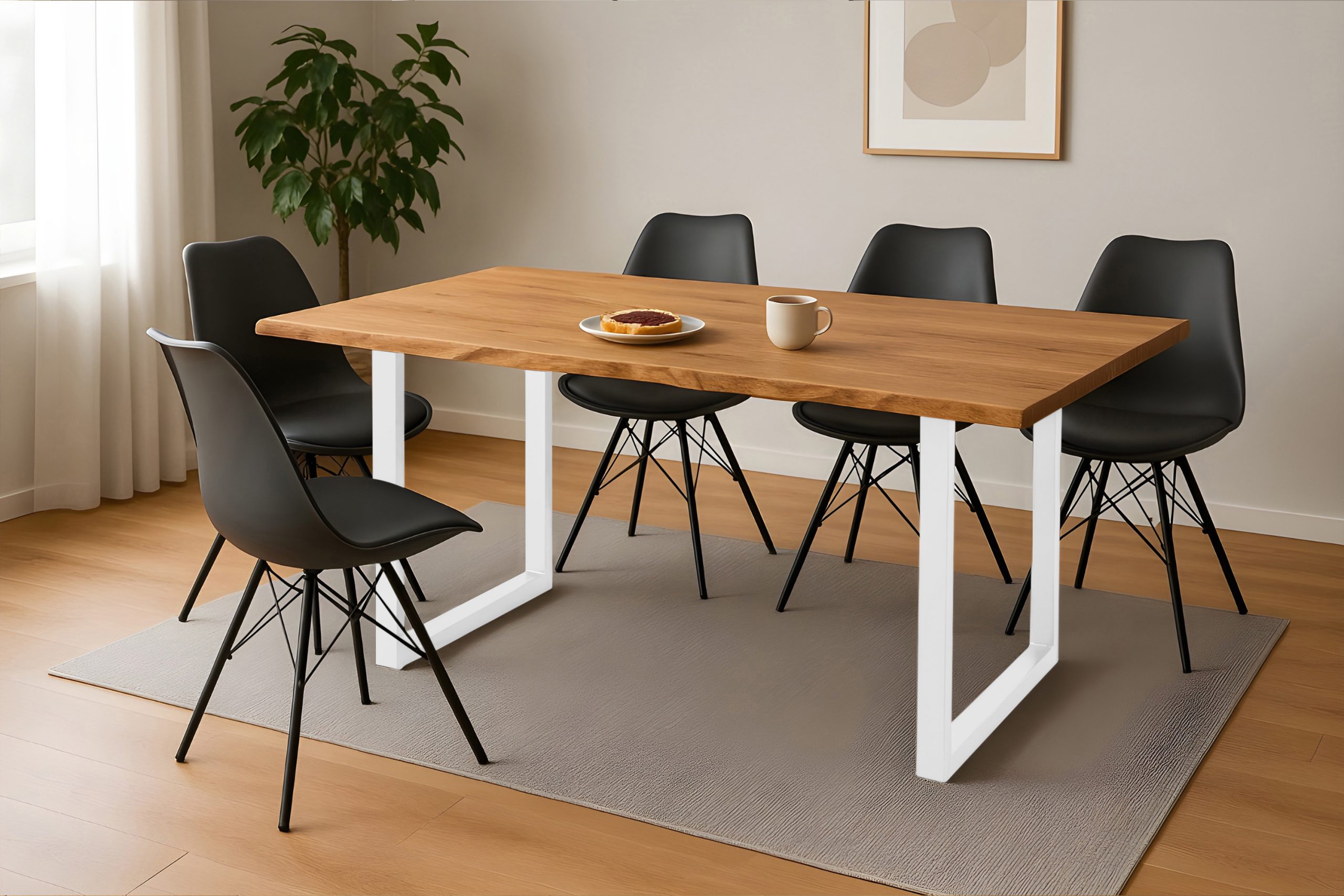 Esstisch 220x100 cm Baumkante Eichenholz massiv geölt U-Gestell weiß SALVADOR – Bild 5