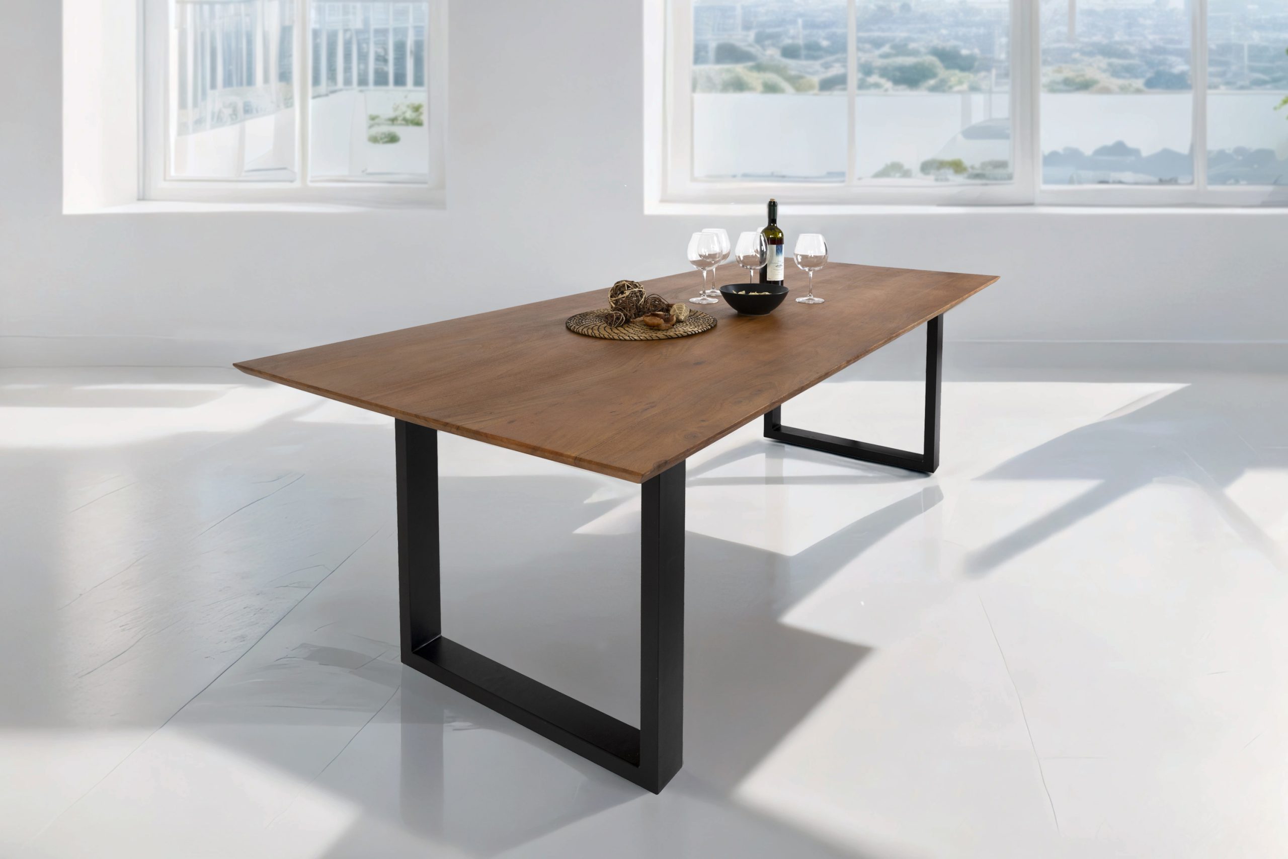 Esstisch 280x100cm Akazie massiv nussbaum Schweizer Kante U-Gestell ATLANTA