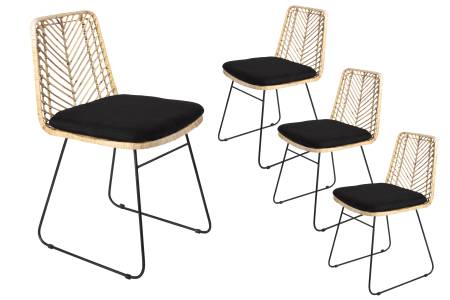 B-Ware 4er Set Esszimmerstuhl inkl. Sitzkissen Rattanstuhl natur Metallfüße KAIRO