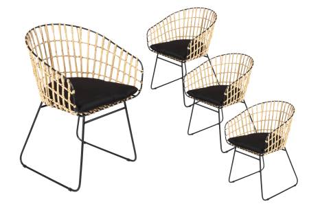 B-Ware 4er Set Esszimmerstuhl inkl. Sitzkissen Rattanstuhl natur Metallfüße LIMA