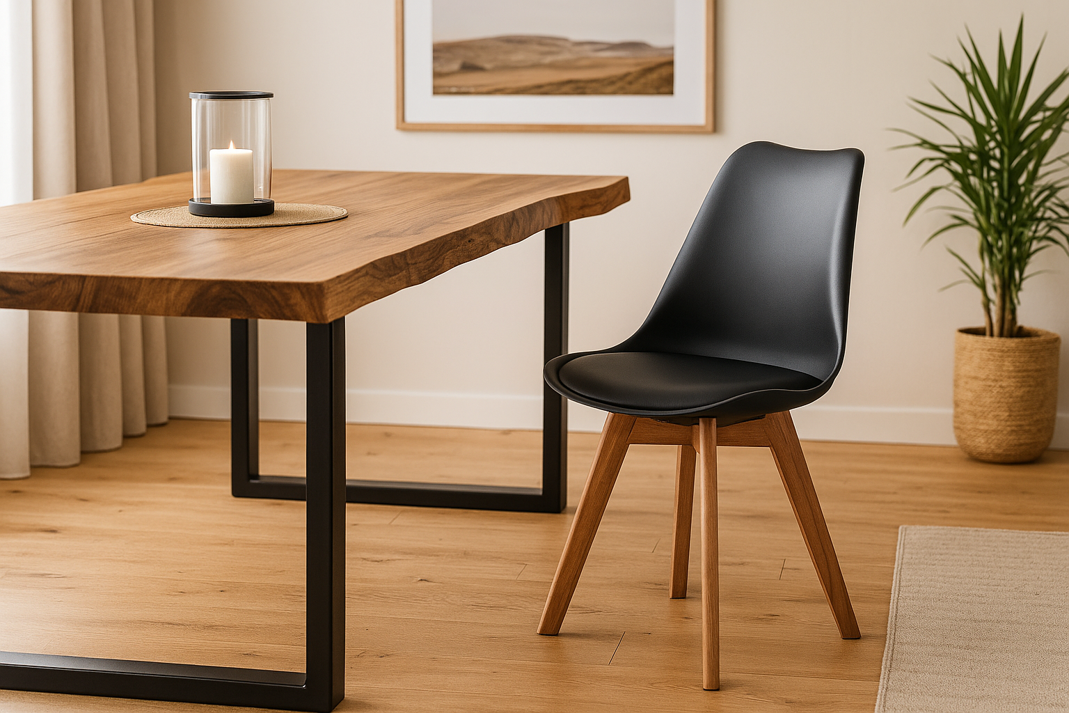 Esszimmerstuhl Schwarze Sitzschale & -Polster Kunstleder Stuhlbeine Massivholz Akazienfarben LOVELACE – Bild 2