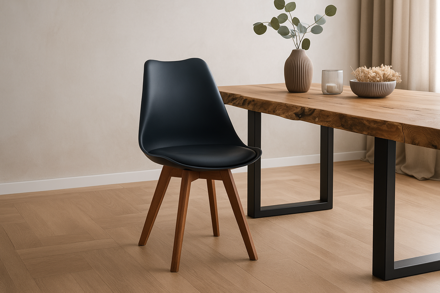 Esszimmerstuhl Schwarze Sitzschale & -Polster Kunstleder Stuhlbeine Massivholz Nussbaumfarben LOVELACE – Bild 2