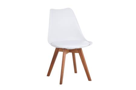 Esszimmerstuhl Weiße Sitzschale & -Polster Kunstleder Stuhlbeine Massivholz Akazienfarben LOVELACE