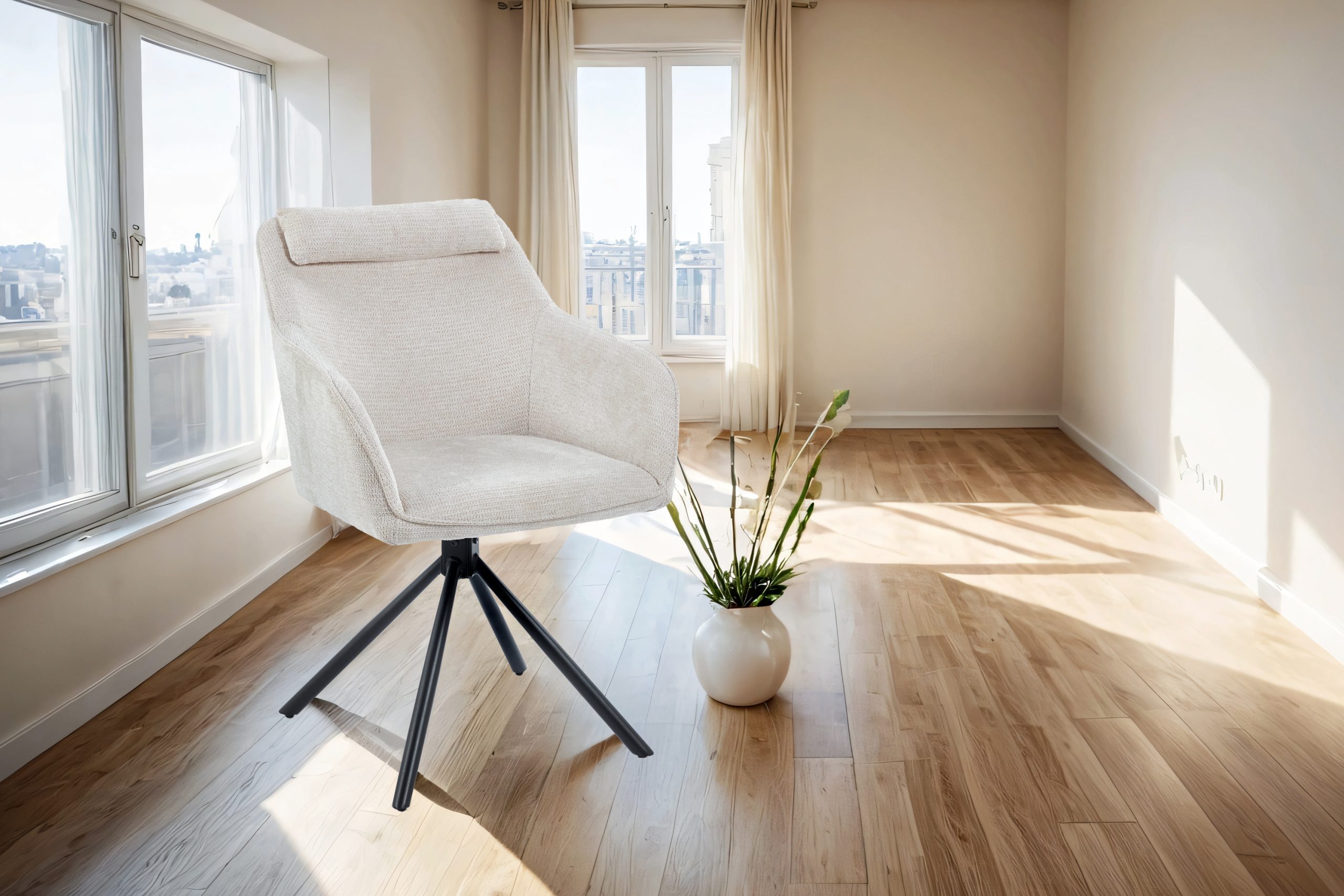 Drehstuhl 360 Grad drehbar Armlehnstuhl Stoffbezug Beige Metallgestell schwarz MUCKI – Bild 2