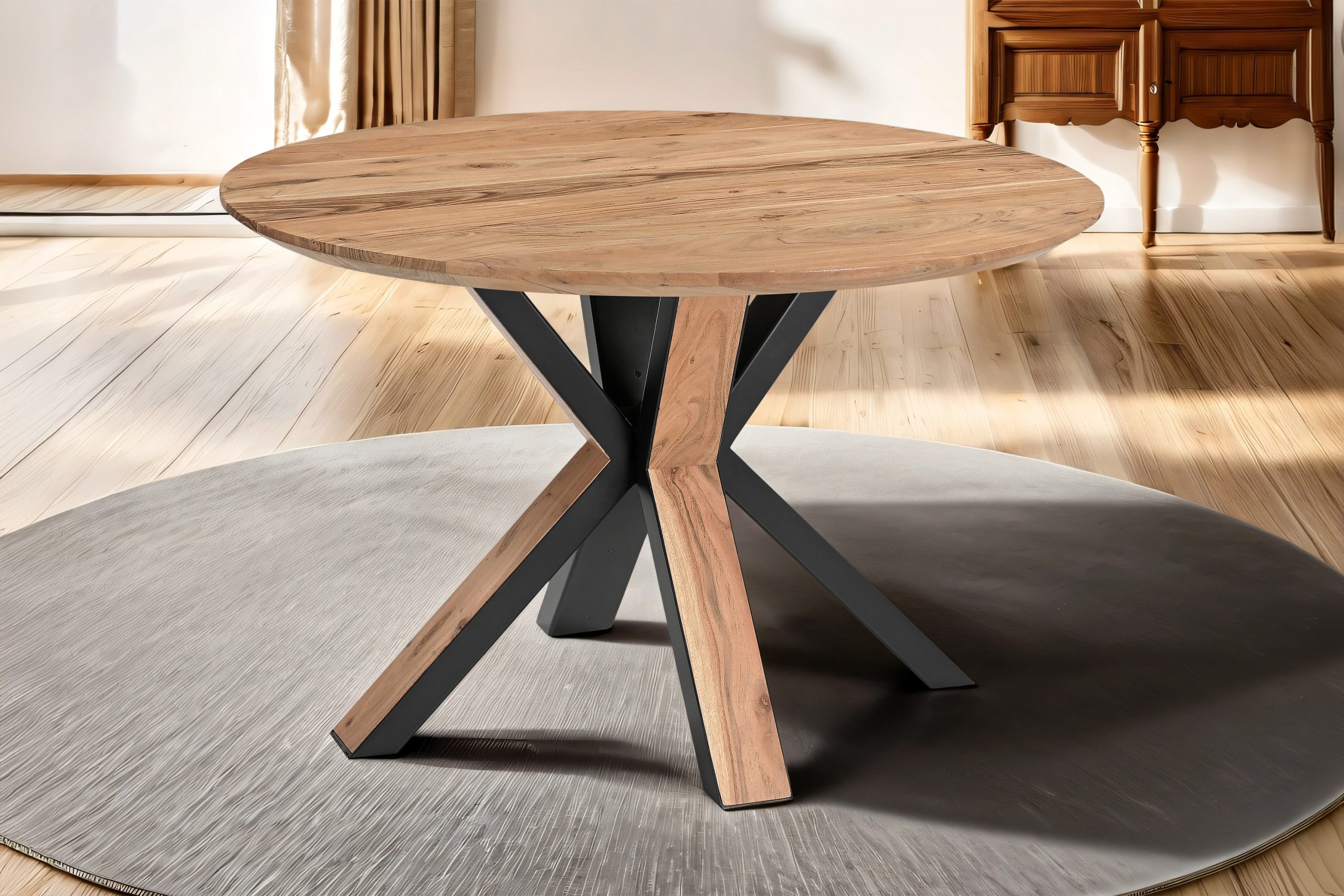 Runder Esszimmertisch Akazie naturfarben Schweizer Kante 105 cm Spider-Gestell schwarz aus Metall + Holz AMBER