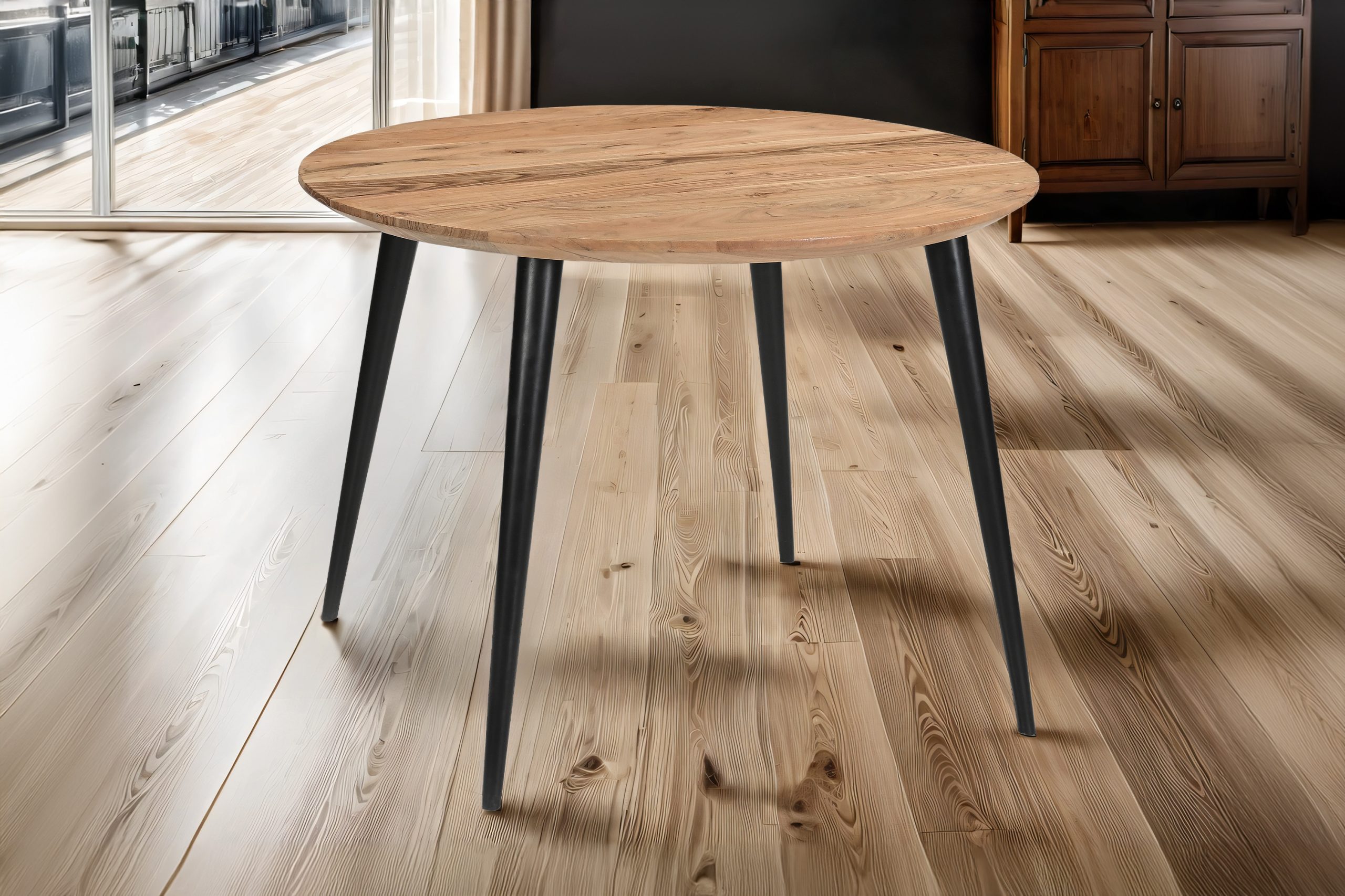 Runder Esszimmertisch Akazie naturfarben Schweizer Kante 105 cm vierfuß-Gestell CARA