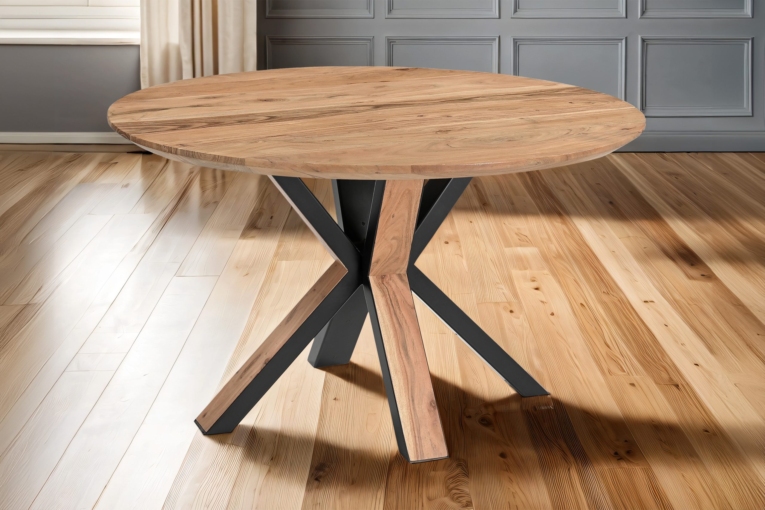 Runder Esszimmertisch Akazie naturfarben Schweizer Kante 120 cm Spider-Gestell schwarz aus Metall + Holz AMBER