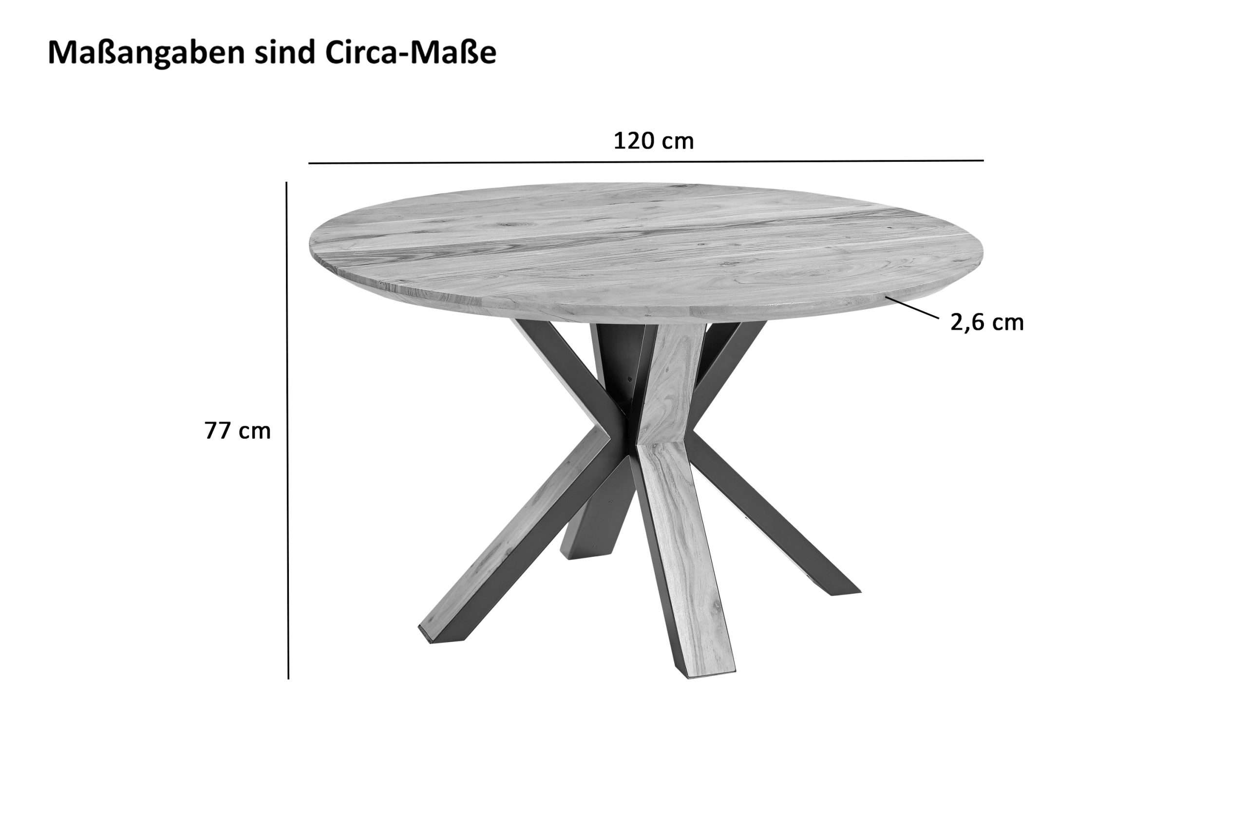 Runder Esszimmertisch Akazie naturfarben Schweizer Kante 120 cm Spider-Gestell schwarz aus Metall + Holz AMBER – Bild 2