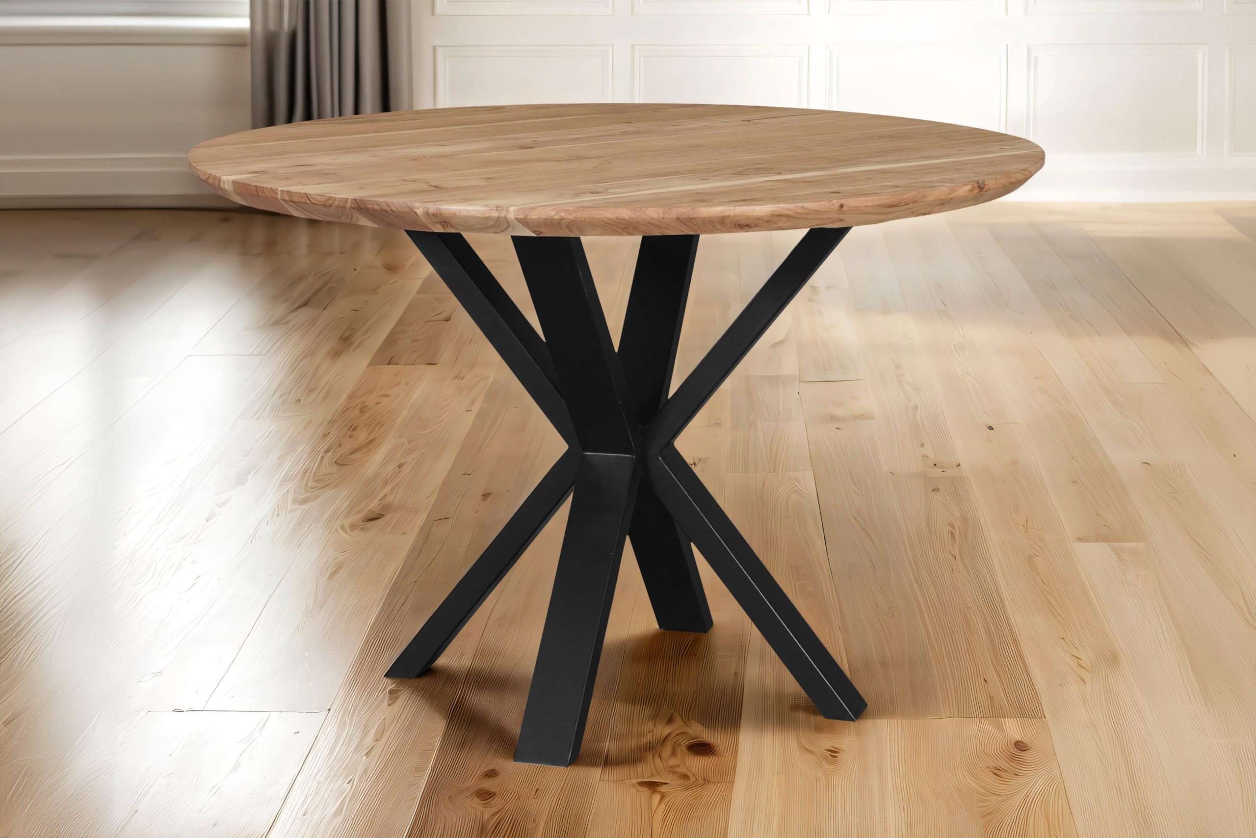 Runder Esszimmertisch Akazie naturfarben Schweizer Kante 120 cm Spider-Gestell schwarz KIMBERLY