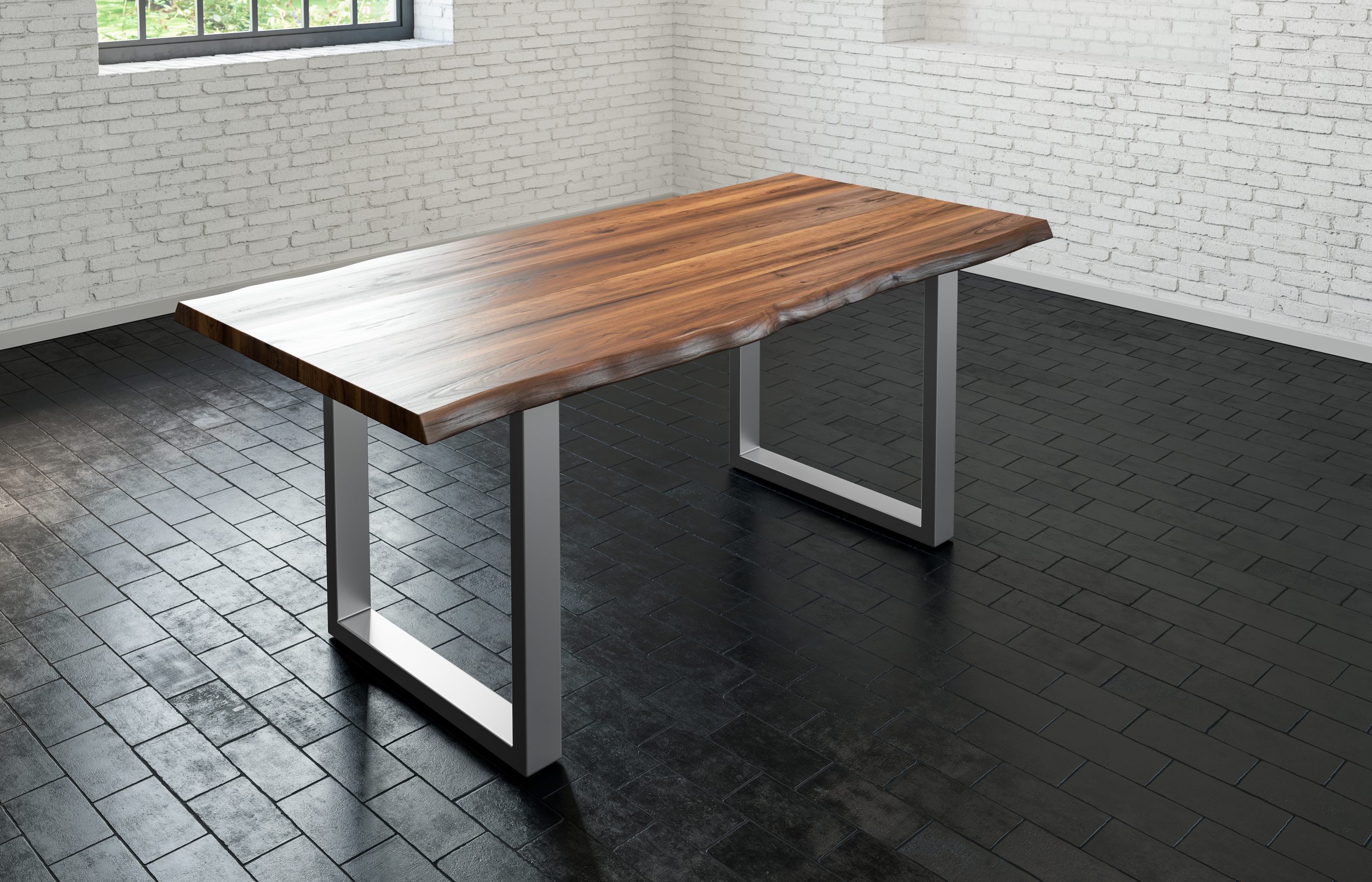 Esstisch Baumkante massiv Akazie nussbaum 140 x 80 cm U-Gestell silber LIAM – Bild 2