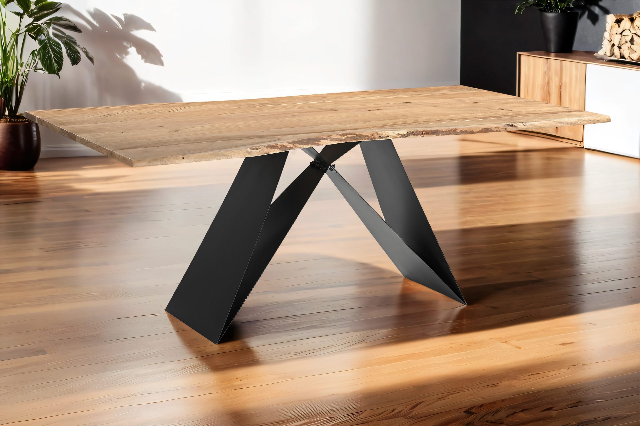 Esstisch 175x90cm Akazie massiv natur Baumkante Butterfly-Gestell schwarz MICK