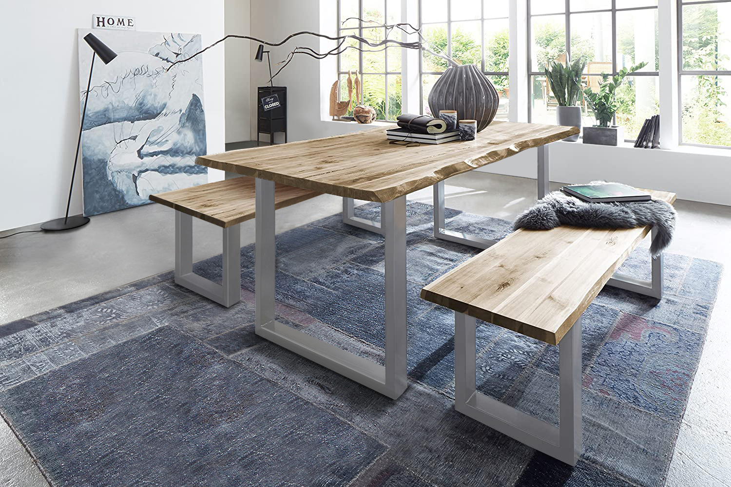 Baumkanten Tischgruppe Akazie natur 160 silber 3tlg. QUINN