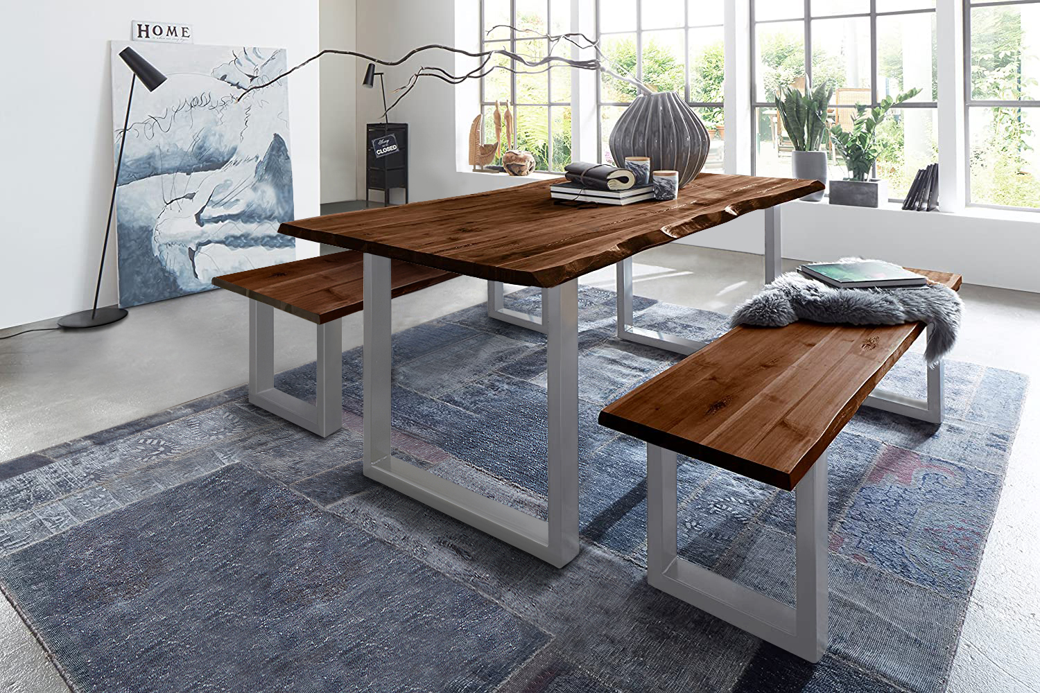 Baumkanten Tischgruppe Akazie nussbaum 160 silber 3tlg. QUINN