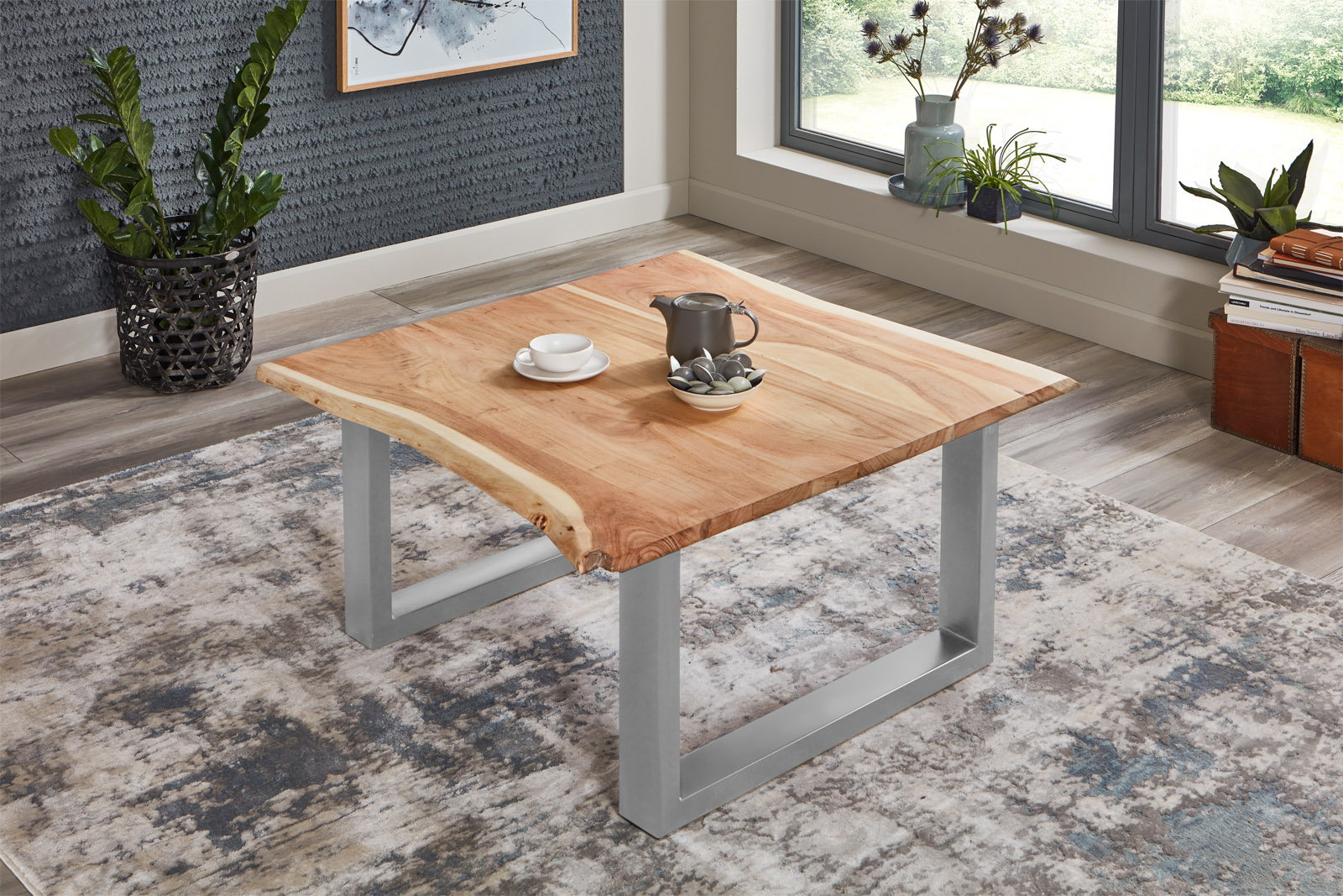 Couchtisch Baumkante massiv Akazie Natur 80 x 80 silber BILLY