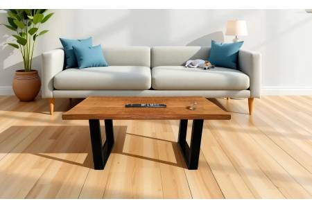 Couchtisch Baumkante 100×55 cm Mangoholz honig massiv U-Gestell schwarz NAYLA