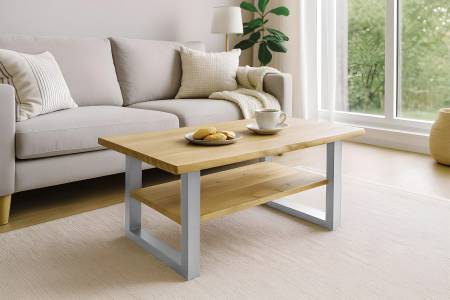 Couchtisch Baumkante massiv Eichenholz geölt 115x65 cm silber PATRICK