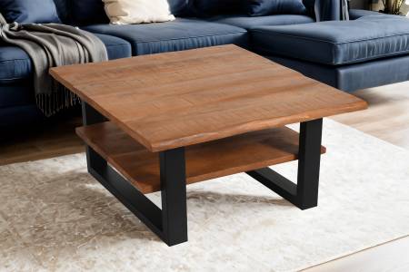 Couchtisch Baumkante massiv Mangoholz honigfarben 90x90 cm schwarz PATRICK