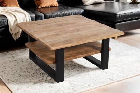 Couchtisch Baumkante massiv Mangoholz naturfarben 90x90 cm schwarz PATRICK