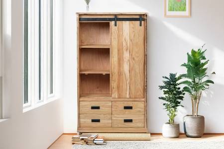 Highboard 90x45x150 cm Baumkante Akazienholz massiv natur gusseiserne Elemente LIAN II