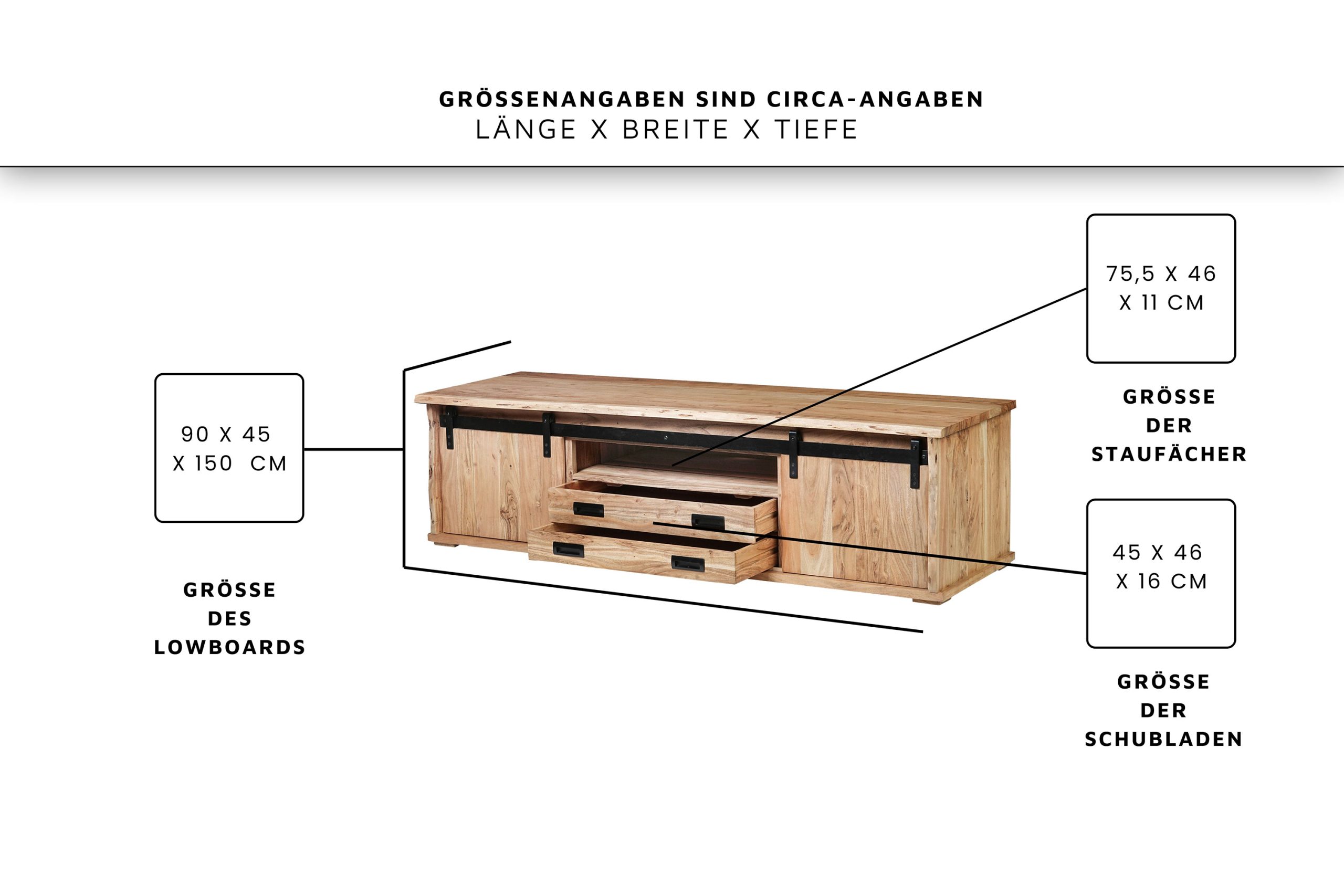 Lowboard 180x55x50 cm Baumkante Akazienholz massiv natur gusseiserne Elemente LIAN I – Bild 3