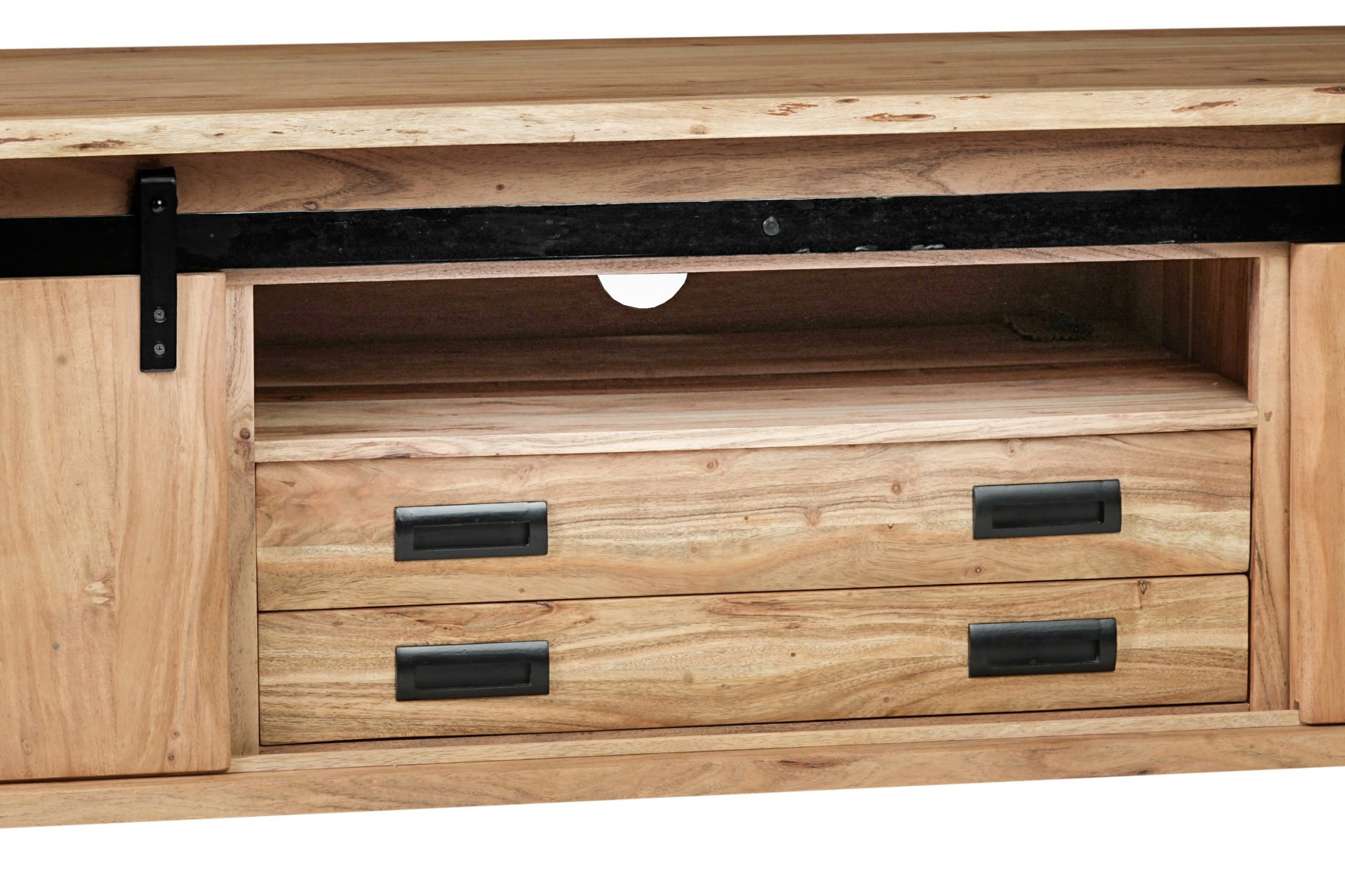 Lowboard 180x55x50 cm Baumkante Akazienholz massiv natur gusseiserne Elemente LIAN I – Bild 7