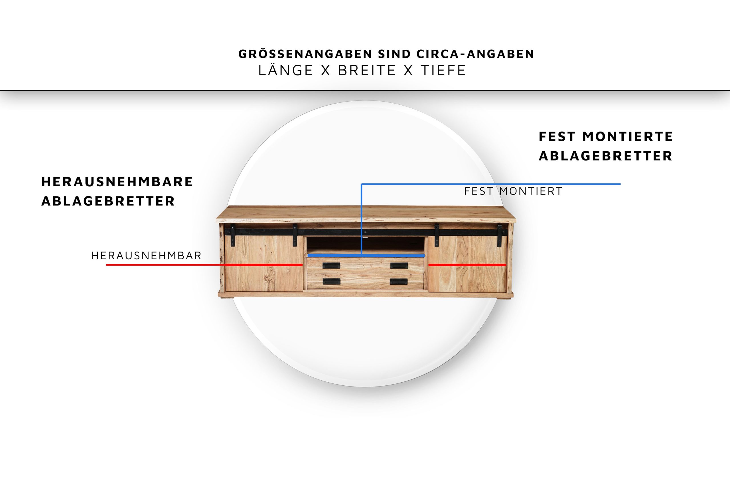 Lowboard 180x55x50 cm Baumkante Akazienholz massiv natur gusseiserne Elemente LIAN I – Bild 8