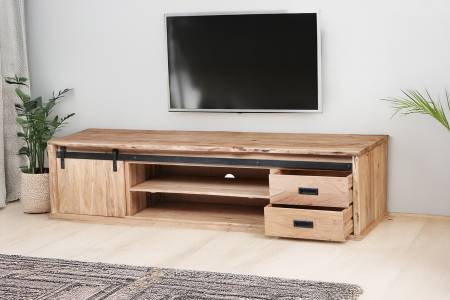 Lowboard 200x55x50 cm Baumkante Akazienholz massiv natur gusseiserne Elemente LIAN II