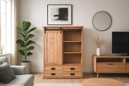 Highboard 90x45x150 cm Akazienholz massiv natur gusseiserne Elemente LIANO II