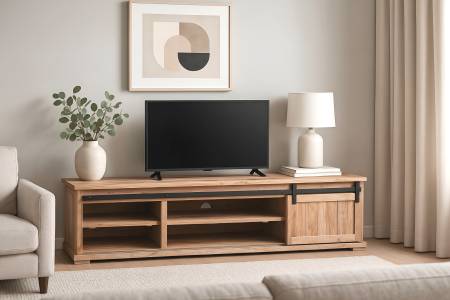 Lowboard 200x55x50 cm Akazienholz massiv natur gusseiserne Elemente LIANO II