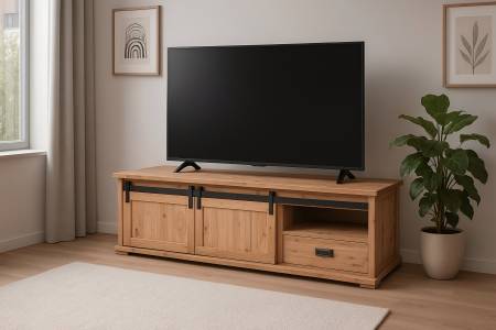 Lowboard 160x45x50 cm Akazienholz massiv natur gusseiserne Elemente LIANO III