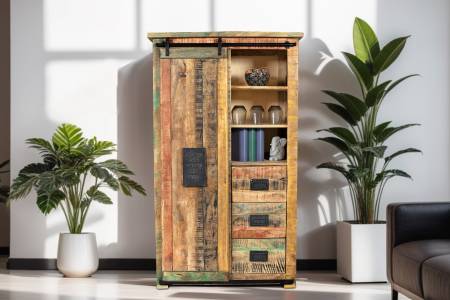 Highboard Mangoholz massiv bunt Hochschrank 90 x 150 x 45 cm LIBRO