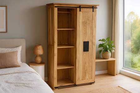 Kleiderschrank Akazienholz massiv natur Gusseisen-Griffe & Reling 100 x 175 x 45 cm LIBRO