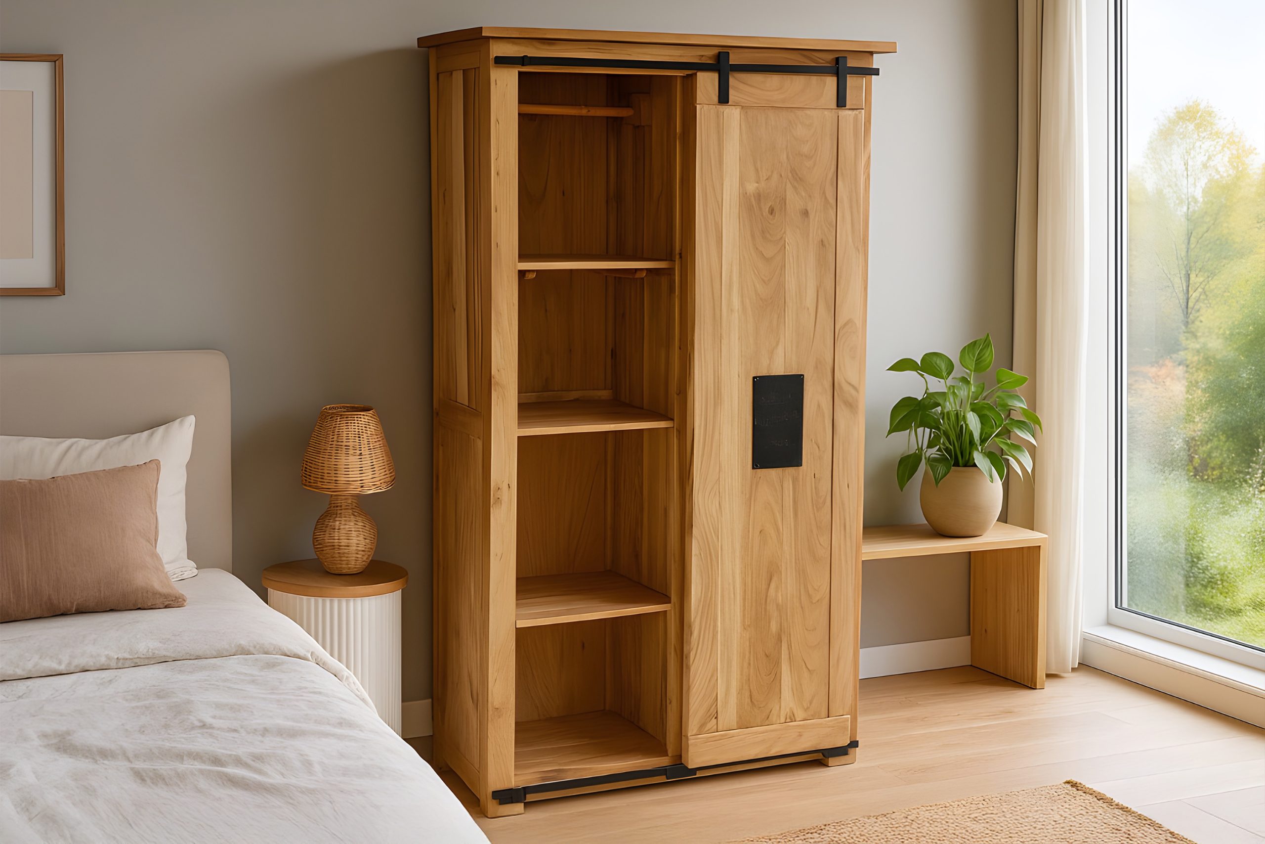 Kleiderschrank Akazienholz massiv natur Gusseisen-Griffe & Reling 100 x 175 x 45 cm LIBRO