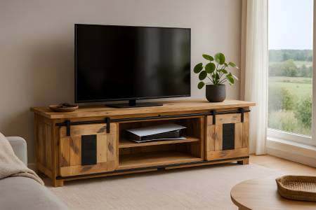 TV-Board Mangoholz massiv Vintage-Optik Lowboard gusseiserne Elemente 180 x 50 x 55 cm LIBRO