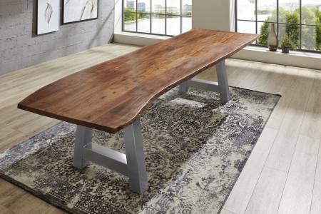 Esstisch Baumkante massiv Akazie nussbaum 35 mm dick 300 x 100 silber Adelaide