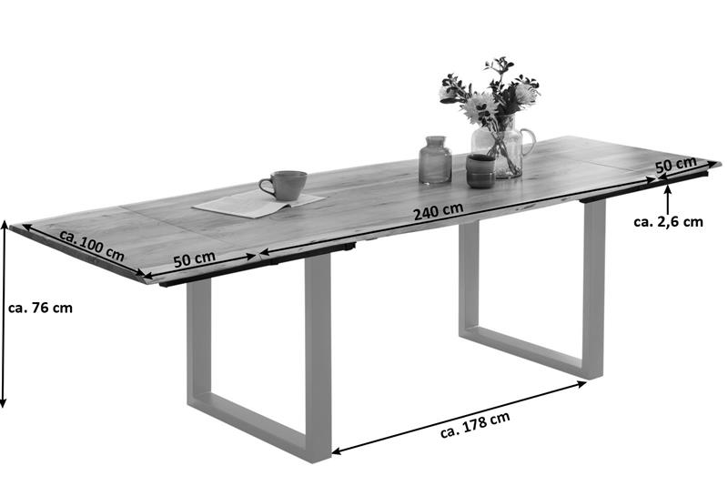 Esstisch mit Ansteckplatten Baumkante Akazie natur 240(340)x100 cm U-Gestell silber ADINA – Bild 3