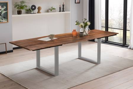 Esstisch mit Ansteckplatten Baumkante Akazie nussbaum 260(360)x100 cm U-Gestell silber ADINA