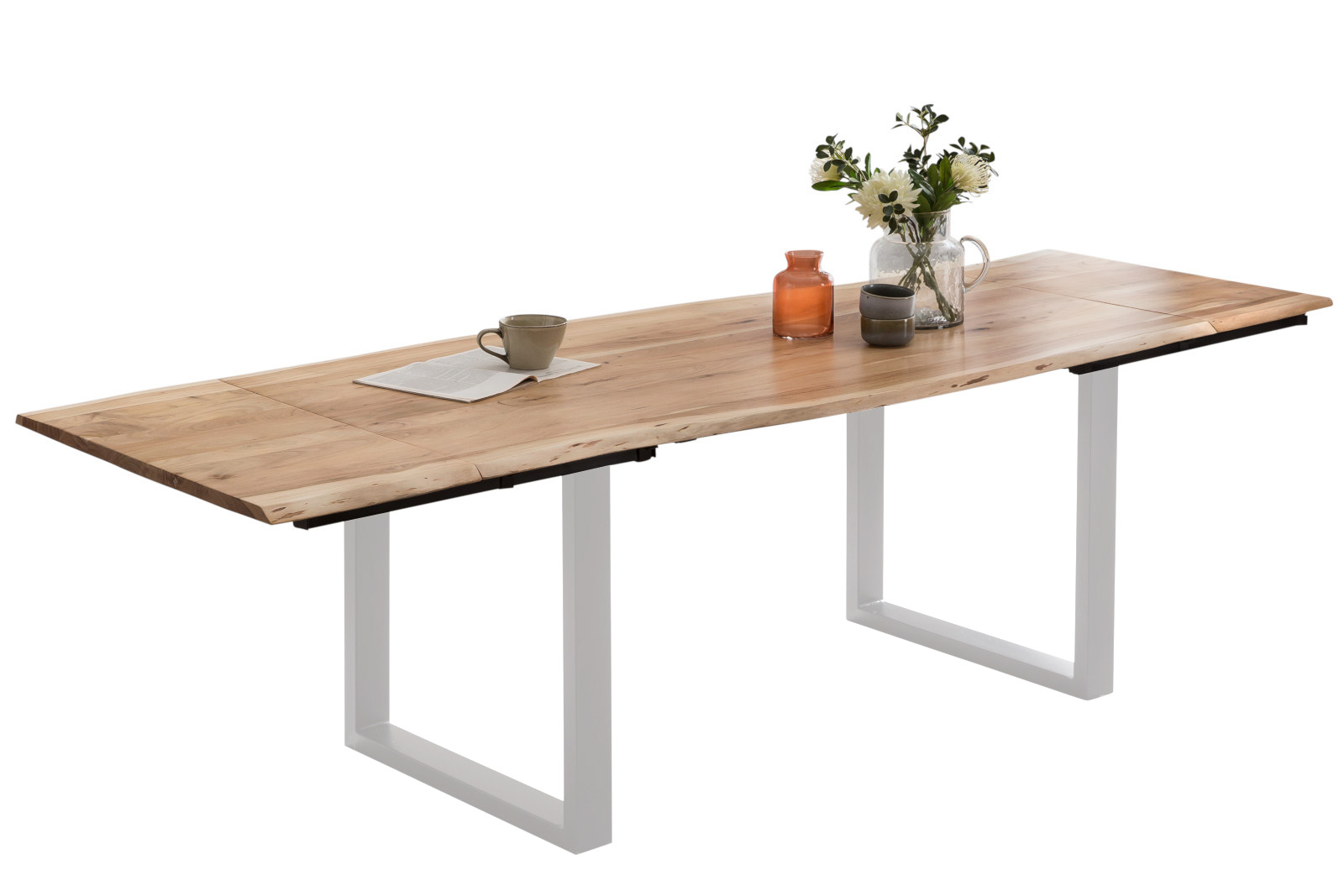 Esstisch mit Ansteckplatten Baumkante Akazie natur 300(400)x100 cm U-Gestell silber ADINA – Bild 2