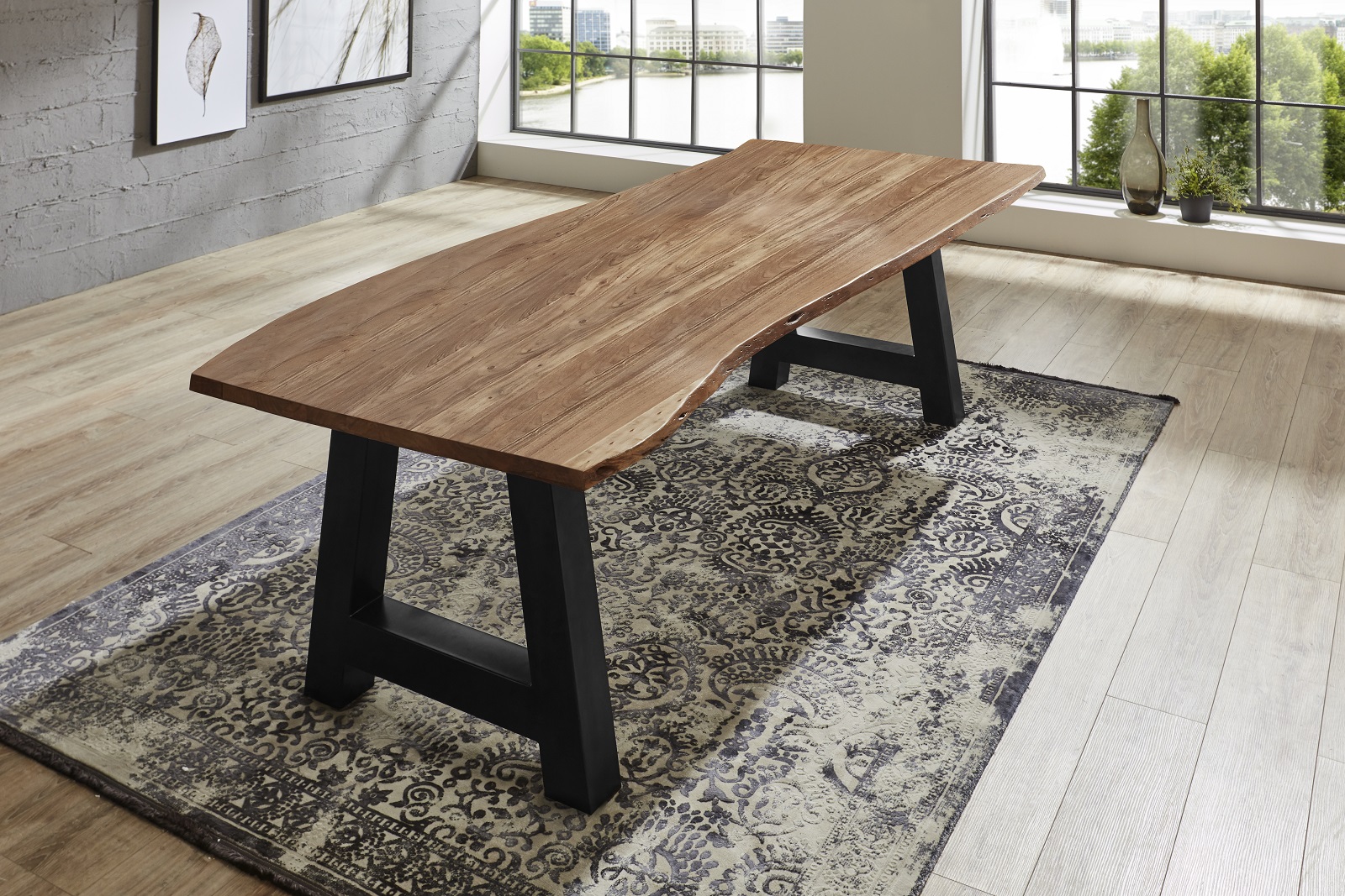 Esstisch Baumkante massiv Akazie natur 180 x 90 schwarz ATHEN
