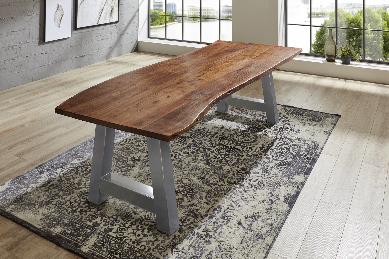 Esstisch Baumkante massiv Akazie nussbaum 220 x 100 silber ATHEN