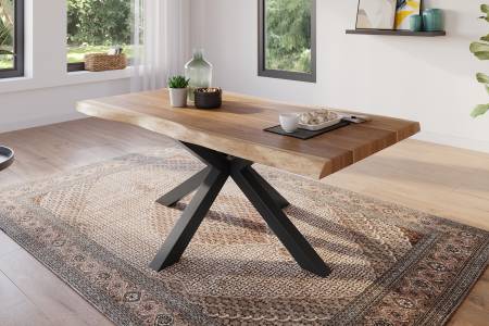 Esstisch 200 x 100 cm Akazie massiv natur Baumkantentisch Spider-Gestell schwarz ATLAS