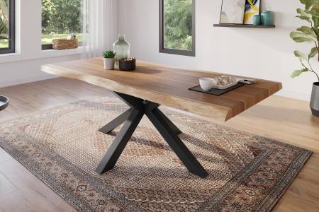 Esstisch 220 x 100 cm Akazie massiv natur Baumkantentisch Spider-Gestell schwarz ATLAS