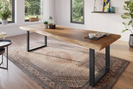 Esstisch 260 x 100 cm Akazie massiv natur Baumkantentisch U-Gestell schwarz ATLAS