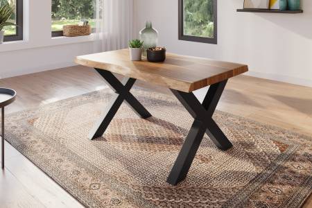 Esstisch 160 x 85 cm Akazie massiv natur Baumkantentisch X-Gestell schwarz ATLAS